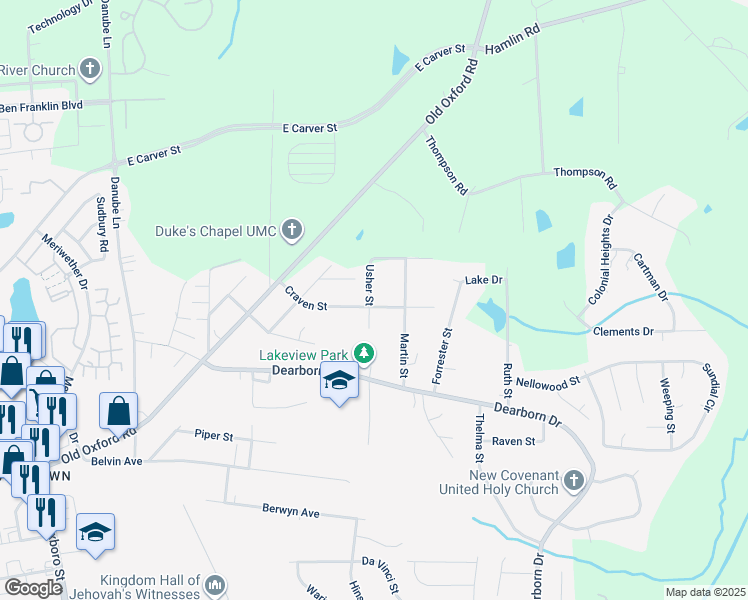 map of restaurants, bars, coffee shops, grocery stores, and more near 501 Craven Street in Durham
