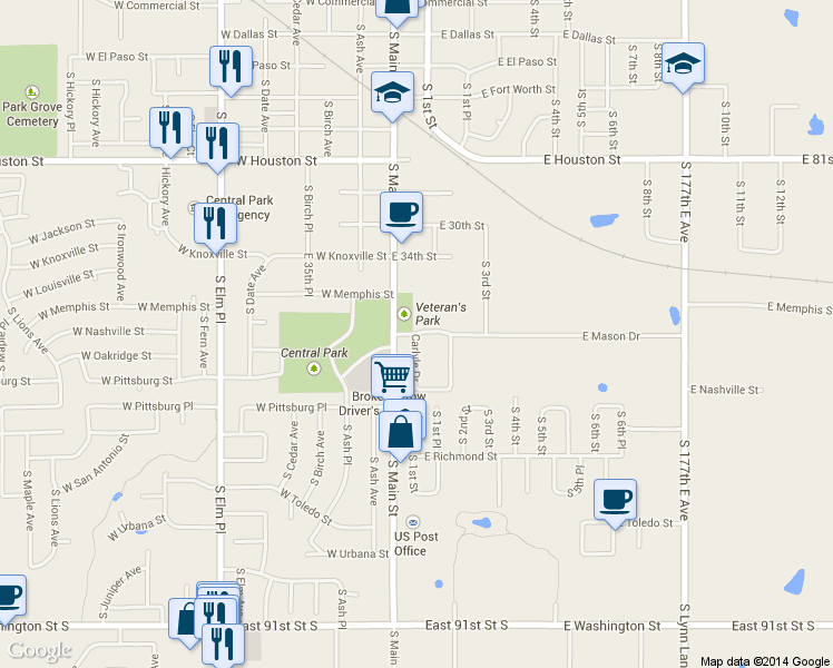 map of restaurants, bars, coffee shops, grocery stores, and more near 201 Carlyle Drive in Broken Arrow