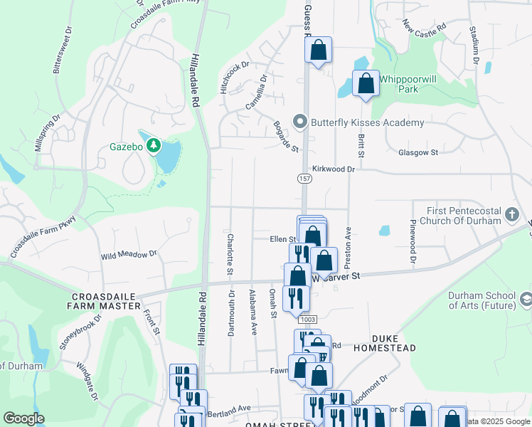 map of restaurants, bars, coffee shops, grocery stores, and more near 2717 Cammie Street in Durham