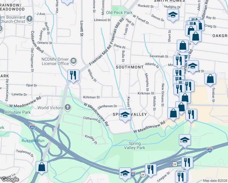 map of restaurants, bars, coffee shops, grocery stores, and more near 1102 Kirkman Street in Greensboro