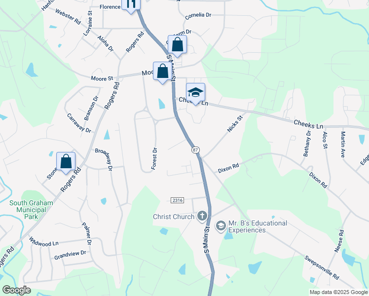 map of restaurants, bars, coffee shops, grocery stores, and more near 1405 South Main Street in Graham