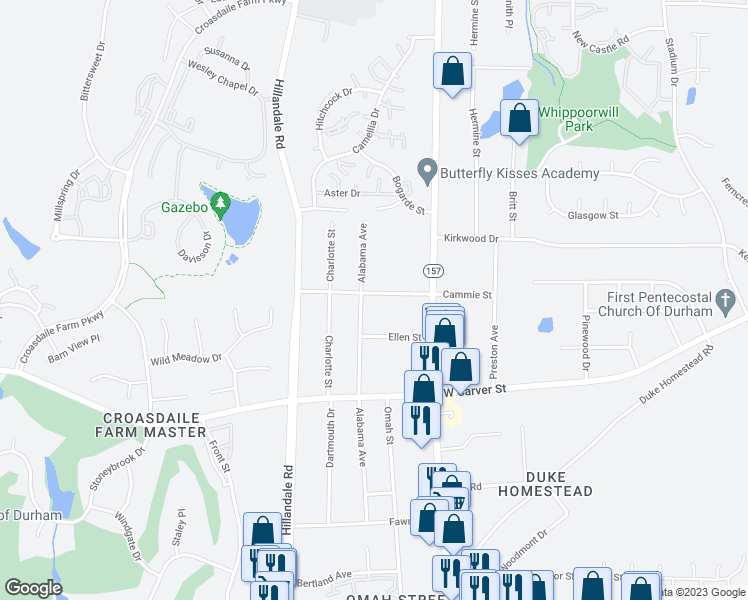 map of restaurants, bars, coffee shops, grocery stores, and more near 2719 Cammie Street in Durham