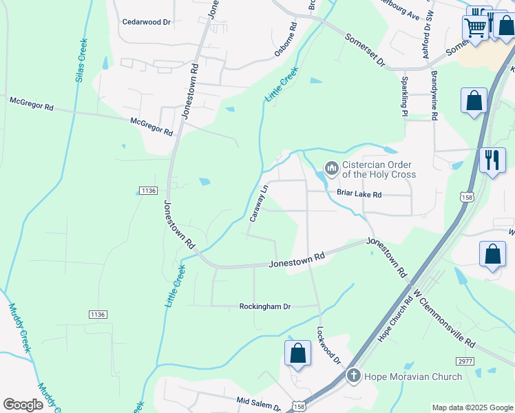 map of restaurants, bars, coffee shops, grocery stores, and more near Caraway Lane in Winston-Salem