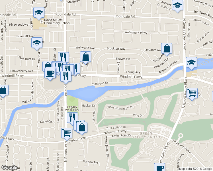 map of restaurants, bars, coffee shops, grocery stores, and more near 2379 Cliffwood Drive in Henderson