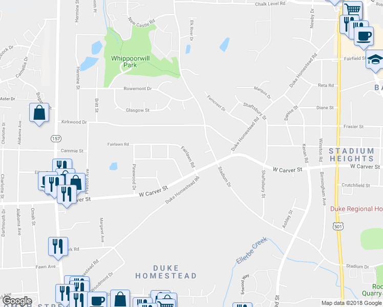 map of restaurants, bars, coffee shops, grocery stores, and more near 2514 Fairlawn Road in Durham