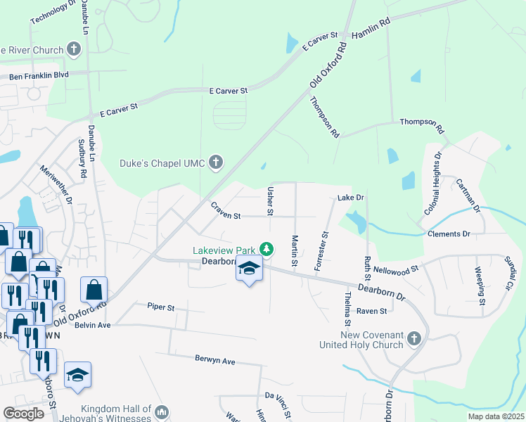 map of restaurants, bars, coffee shops, grocery stores, and more near 437 Craven Street in Durham