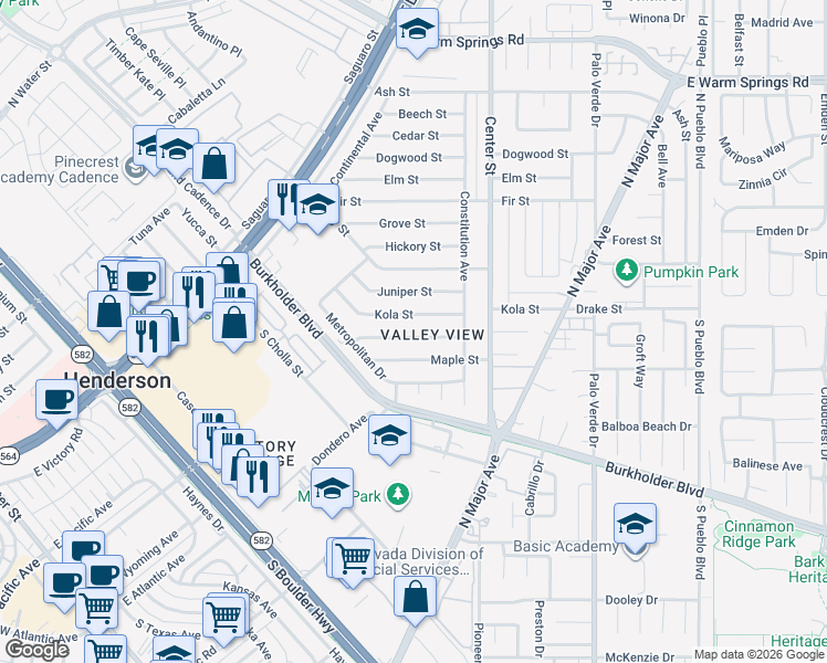 map of restaurants, bars, coffee shops, grocery stores, and more near 118 Linden Street in Henderson