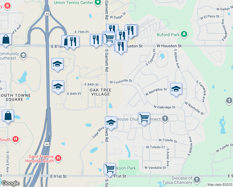 map of restaurants, bars, coffee shops, grocery stores, and more near 8501 South Garnett Road in Broken Arrow