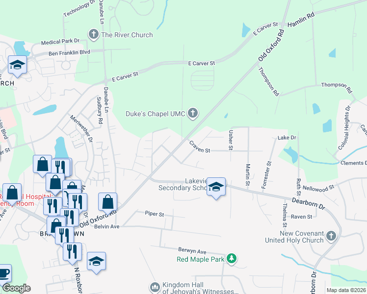 map of restaurants, bars, coffee shops, grocery stores, and more near 700 Old Oxford Road in Durham