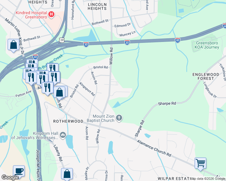 map of restaurants, bars, coffee shops, grocery stores, and more near 2019 Willow Road in Greensboro