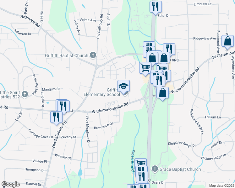 map of restaurants, bars, coffee shops, grocery stores, and more near 1385 West Clemmonsville Road in Winston-Salem