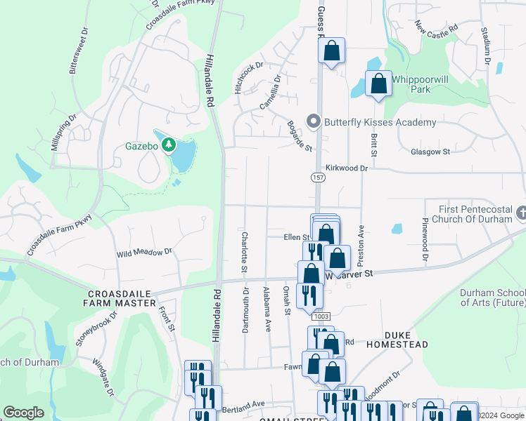 map of restaurants, bars, coffee shops, grocery stores, and more near 3217 Alabama Avenue in Durham