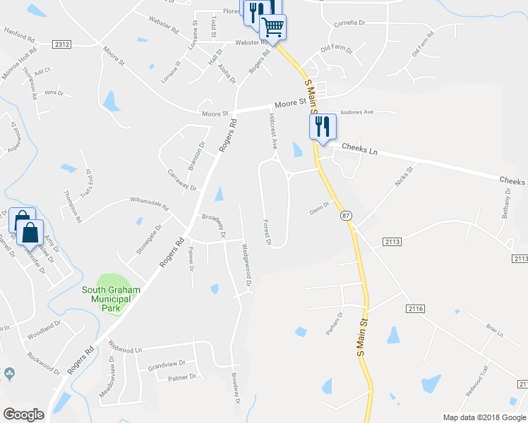 map of restaurants, bars, coffee shops, grocery stores, and more near 212 Forest Drive in Graham