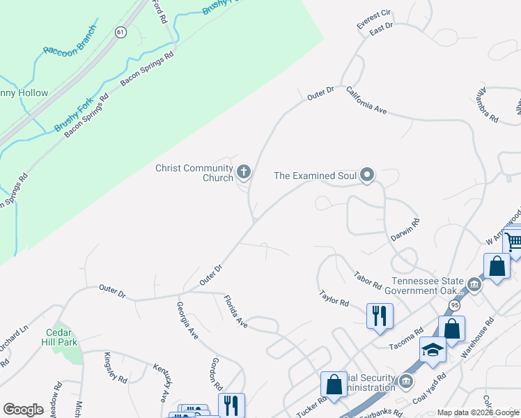 map of restaurants, bars, coffee shops, grocery stores, and more near 73 Outer Drive in Oak Ridge