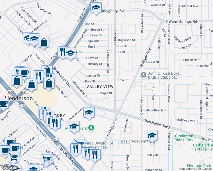 map of restaurants, bars, coffee shops, grocery stores, and more near 132 Linden Street in Henderson