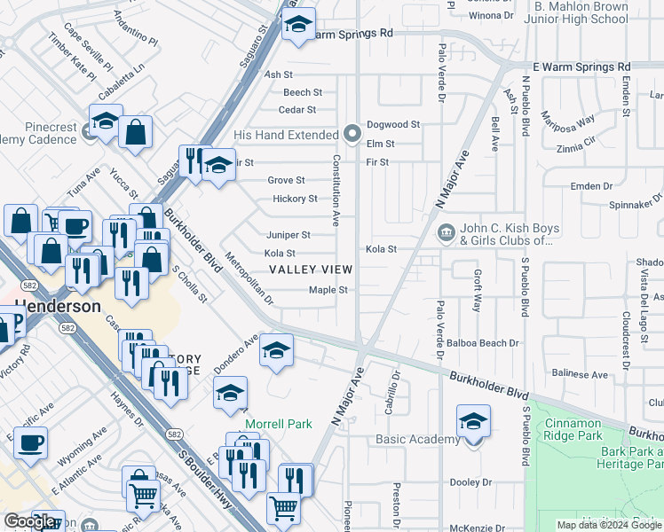 map of restaurants, bars, coffee shops, grocery stores, and more near 132 Linden Street in Henderson
