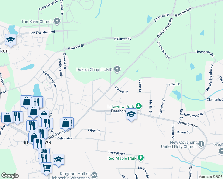 map of restaurants, bars, coffee shops, grocery stores, and more near 700 Old Oxford Road in Durham