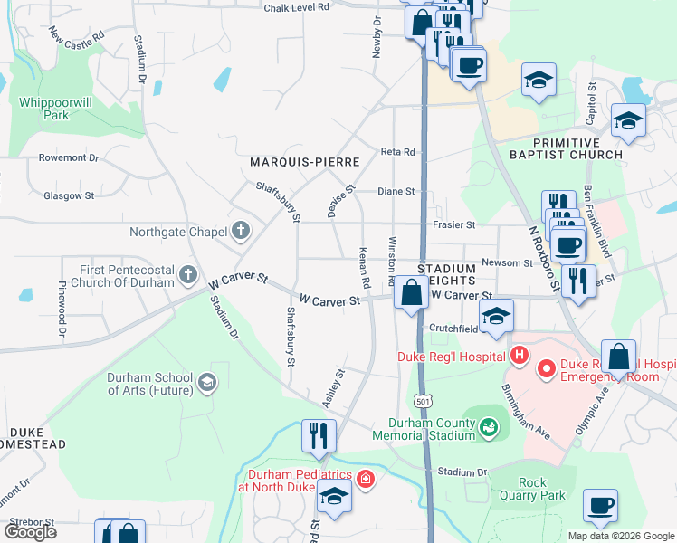 map of restaurants, bars, coffee shops, grocery stores, and more near 714 West Carver Street in Durham