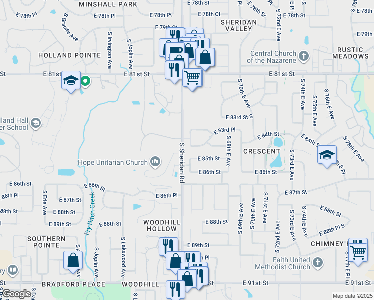 map of restaurants, bars, coffee shops, grocery stores, and more near 8502 South 65th East Place in Tulsa