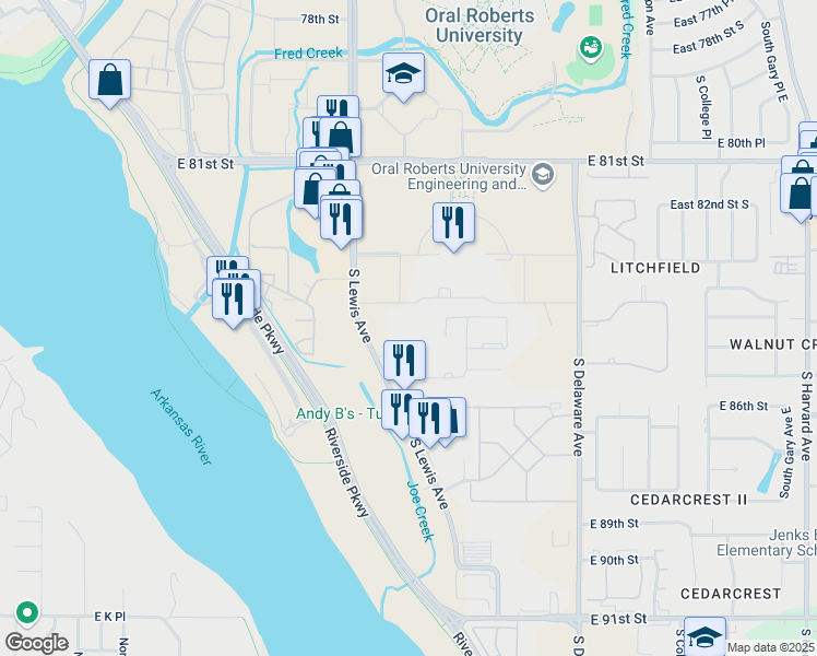 map of restaurants, bars, coffee shops, grocery stores, and more near 8555 South Lewis Avenue in Tulsa