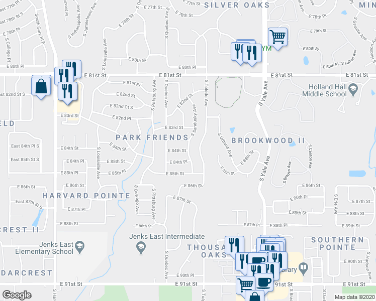 map of restaurants, bars, coffee shops, grocery stores, and more near East 84th Street in Tulsa