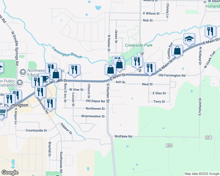 map of restaurants, bars, coffee shops, grocery stores, and more near 88 South Hunter Street in Farmington