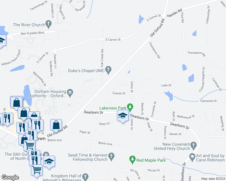 map of restaurants, bars, coffee shops, grocery stores, and more near 413 Craven Street in Durham