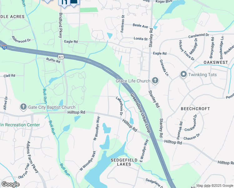 map of restaurants, bars, coffee shops, grocery stores, and more near 2400 Lakeshore Drive in Greensboro
