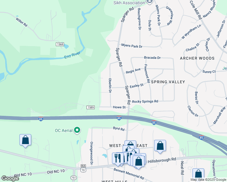 map of restaurants, bars, coffee shops, grocery stores, and more near 2626 Oberlin Drive in Durham