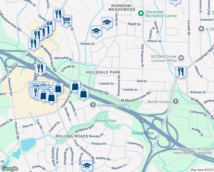 map of restaurants, bars, coffee shops, grocery stores, and more near 1608 West Meadowview Road in Greensboro