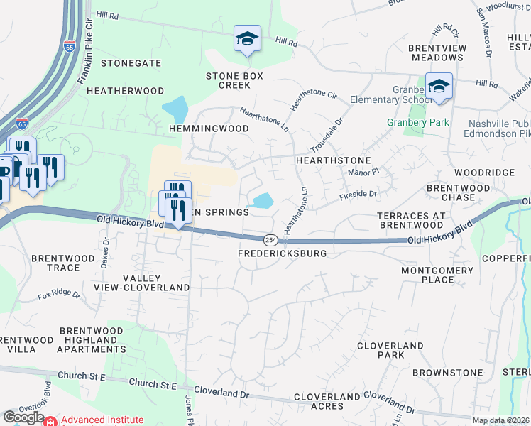 map of restaurants, bars, coffee shops, grocery stores, and more near 107 Hearthstone Manor Circle in Brentwood