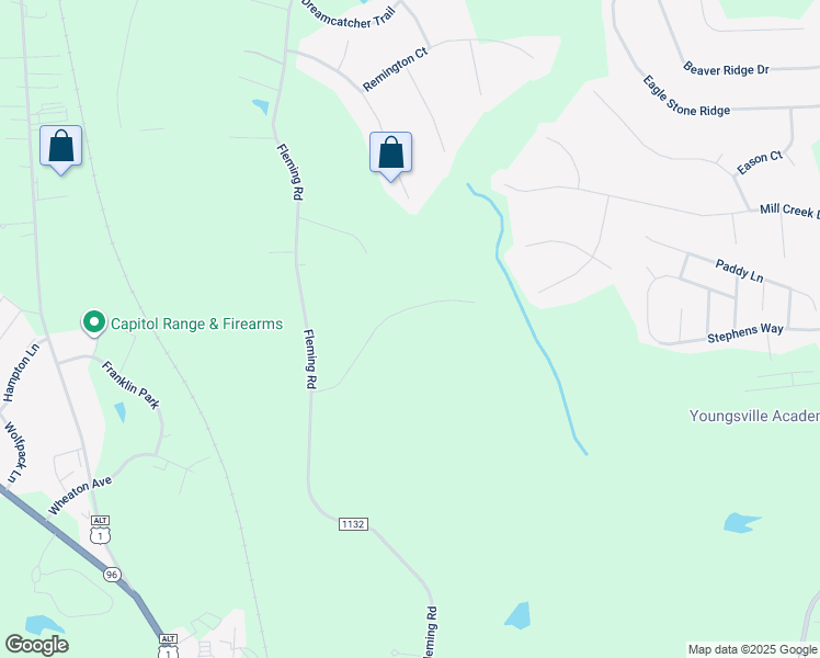 map of restaurants, bars, coffee shops, grocery stores, and more near 128 Fleming Farm Drive in Youngsville