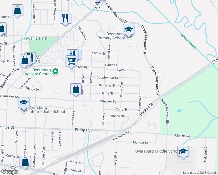 map of restaurants, bars, coffee shops, grocery stores, and more near 1726 Harris Street in Dyersburg
