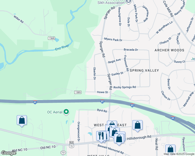 map of restaurants, bars, coffee shops, grocery stores, and more near 2626 Oberlin Drive in Durham