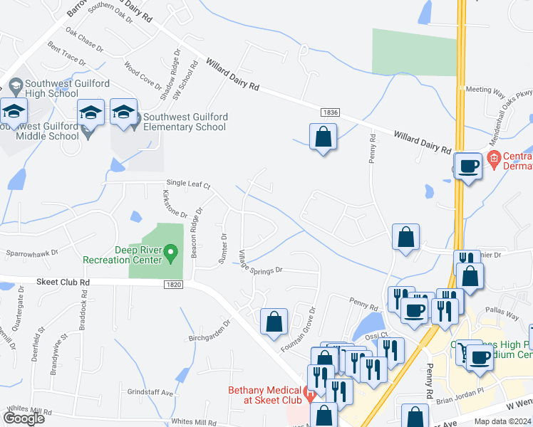 map of restaurants, bars, coffee shops, grocery stores, and more near 3713 Single Leaf Circle in High Point