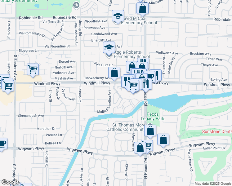 map of restaurants, bars, coffee shops, grocery stores, and more near 2675 Windmill Parkway in Henderson