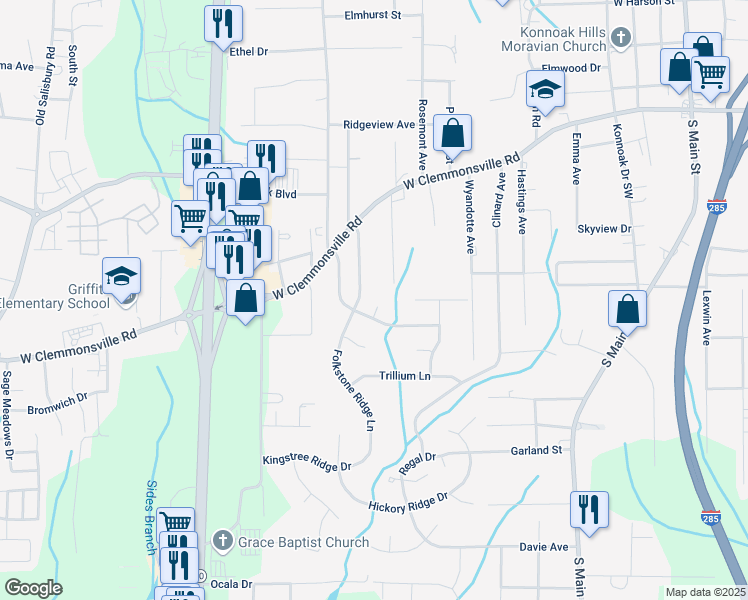 map of restaurants, bars, coffee shops, grocery stores, and more near 3660 Fiddlers Glenn Court in Winston-Salem