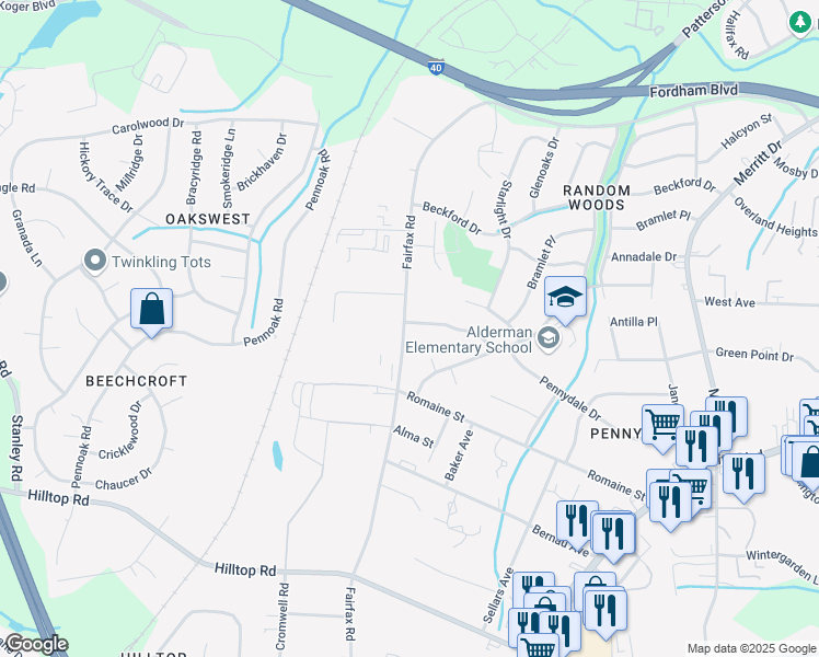 map of restaurants, bars, coffee shops, grocery stores, and more near 2103 Fairfax Road in Greensboro