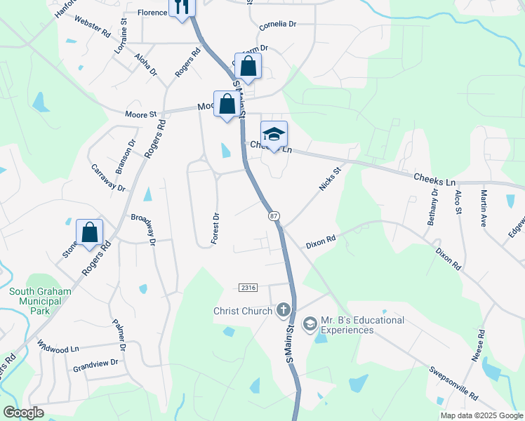 map of restaurants, bars, coffee shops, grocery stores, and more near 1405 South Main Street in Graham