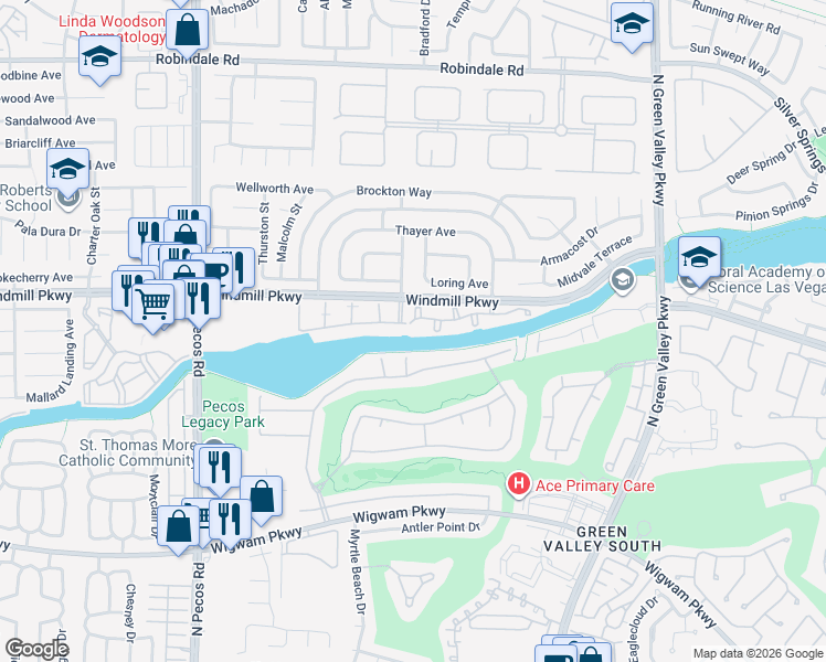 map of restaurants, bars, coffee shops, grocery stores, and more near 2325 Windmill Parkway in Henderson