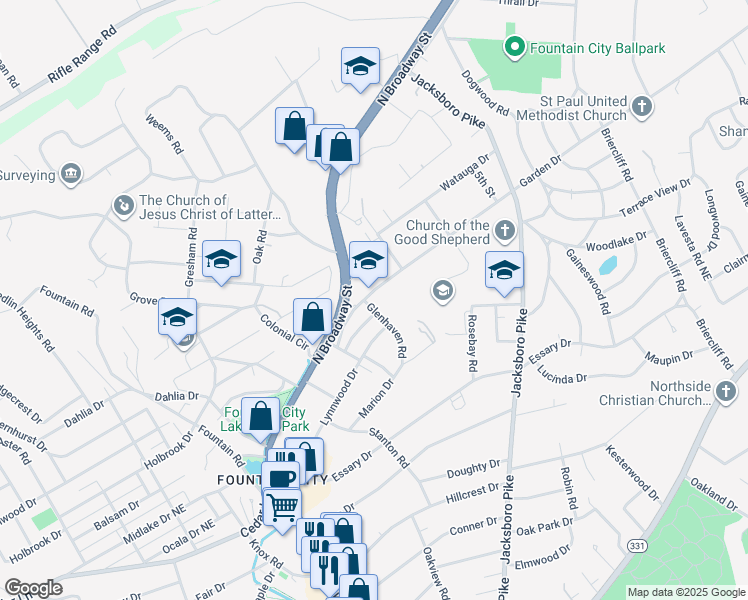 map of restaurants, bars, coffee shops, grocery stores, and more near 3224 Garden Drive in Knoxville