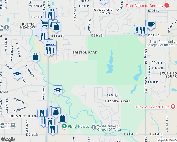 map of restaurants, bars, coffee shops, grocery stores, and more near 1001 South 89th East Avenue in Tulsa