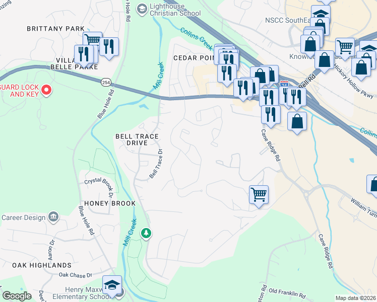 map of restaurants, bars, coffee shops, grocery stores, and more near 100 Arbor Knoll Boulevard in Nashville