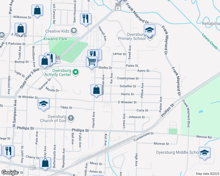 map of restaurants, bars, coffee shops, grocery stores, and more near 1600 Harris Street in Dyersburg