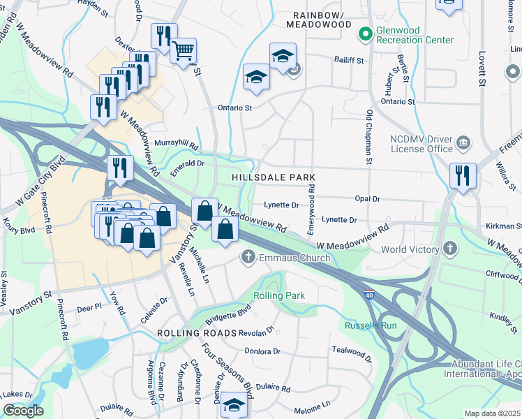 map of restaurants, bars, coffee shops, grocery stores, and more near 2225 Lynette Drive in Greensboro