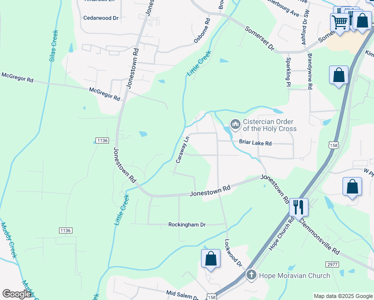 map of restaurants, bars, coffee shops, grocery stores, and more near 1655 Little Creek Circle in Winston-Salem