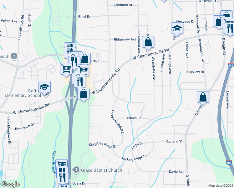 map of restaurants, bars, coffee shops, grocery stores, and more near 3770 Cora Drive in Winston-Salem