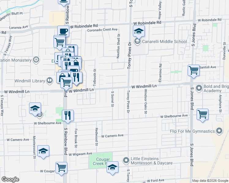 map of restaurants, bars, coffee shops, grocery stores, and more near 8149 Crimson Creek Court in Las Vegas