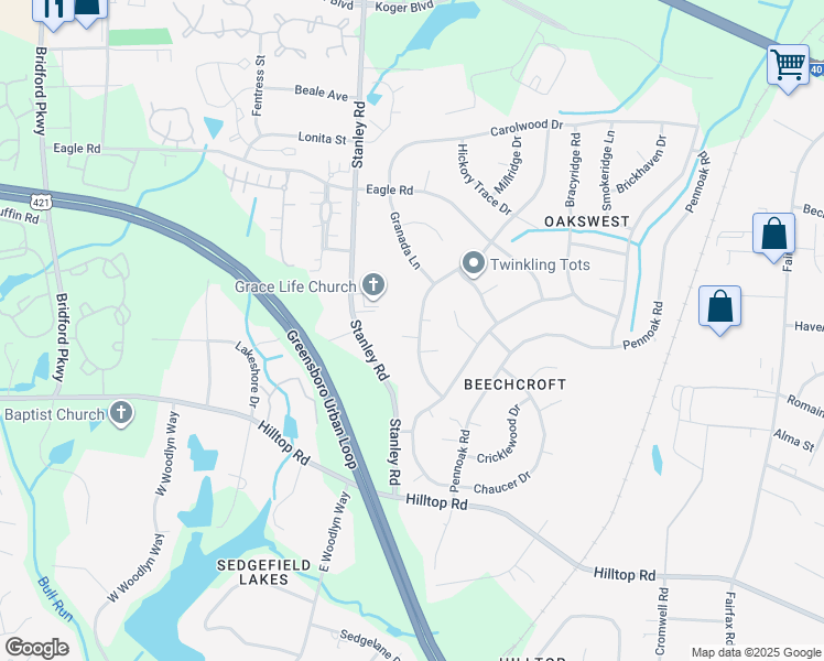 map of restaurants, bars, coffee shops, grocery stores, and more near 1512 Pepper Hill Road in Greensboro