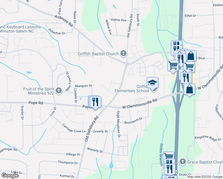 map of restaurants, bars, coffee shops, grocery stores, and more near 1606 Preston Woods Drive in Winston-Salem